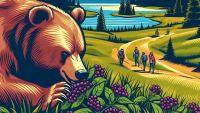 AI generated image of a brown bear with hikers in the distance