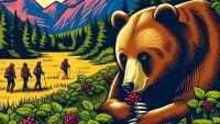 AI generated image of a brown bear eating berries with hikers in the distance