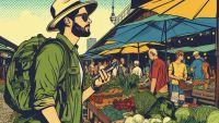 AI generated image of traveler visiting farmers market