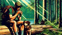 AI generated image of a hiker and his dog eating a snack