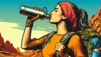 A woman hiking in the desert drinking from a recycled insulated bottle