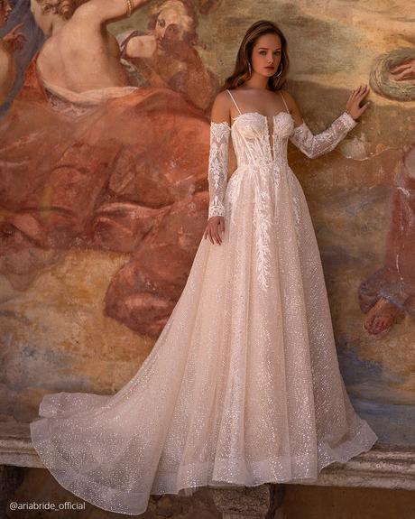 pollardi fashion group wedding dresses a line with detached sleeves aria