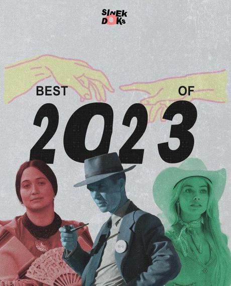 The poster of SINEDKOKS' best films of 2023 showcasing Lily Gladstone, Cillian Murphy, and Margot Robbie