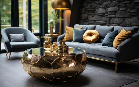 Gilded Opulence The Luxurious Round Coffee Table with Intricate Golden Geometric Embossing