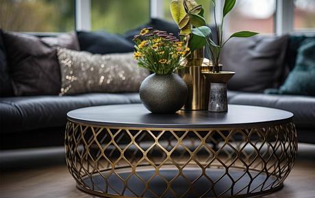 Gleaming Sophistication A Stylish Haven with a Black Metal Coffee Table