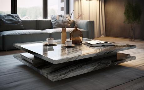 Living room with square marble coffee table