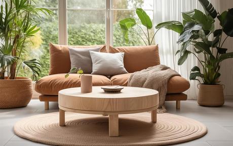 Nature inspired living interior with greenery and light wood table