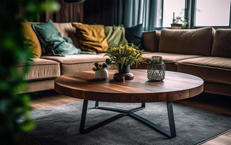 Living interior with wood table and sofas