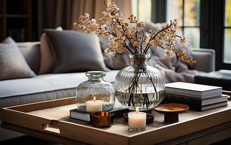 Serving tray with candles and decorative items on glass coffee table