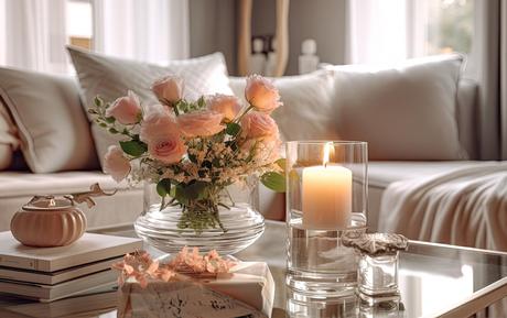 Glass coffee table with florals and candle in glass holder