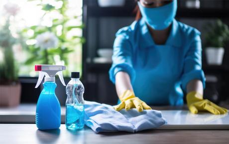 Woman using cleaning products to remove candle wax from glass coffee tables