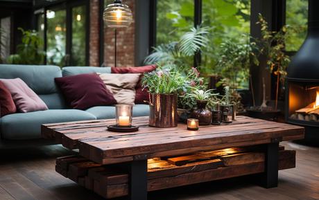 Living room interior with rustic coffee table