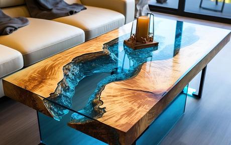 Living room with resin and wood coffee table