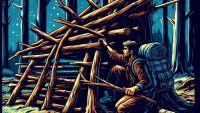 A lost hiker building a survival shelter