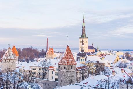 rooftops of tallinn estonia in the snow