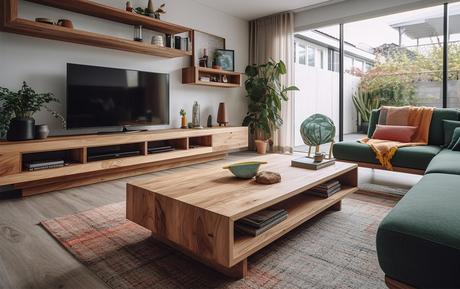 Living room interior with large coffee table with decor