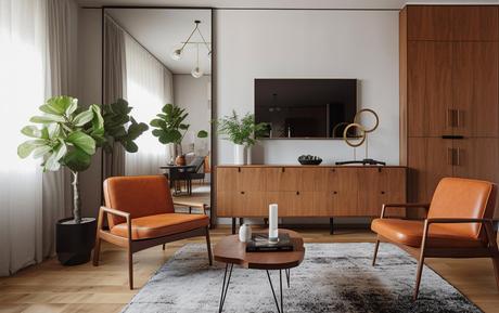 Retro living room with small coffee table and armchairs