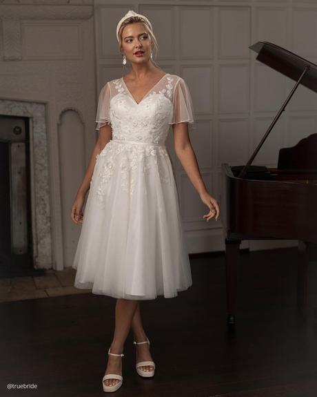 courthouse wedding dress tea length lace with cap sleeves truebride