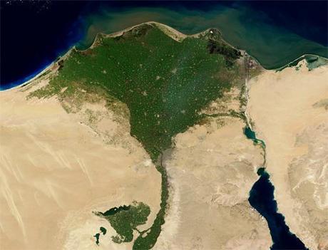 Cairo (center) and the Nile River Valley. [Satellite image by NASA]