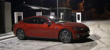 The Tesla Model S while charging in snowy Norway.