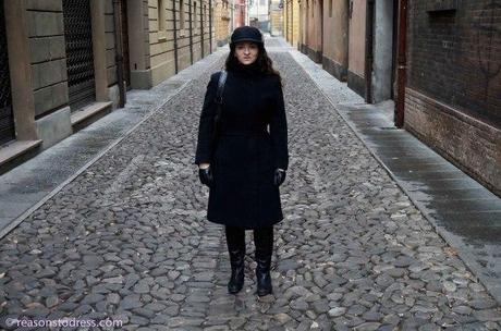 ReasonsToDress.com walking through the streets of Modena,Italy.  Real Mom Street Style in black cropped leather gloves, Peter Flowers Over the Knee Leather Boots and a handmade hat by Federica Moretti Handmade.  