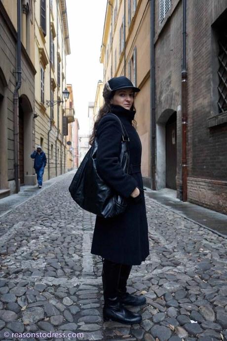 ReasonsToDress.com walking through the streets of Modena,Italy.  Real Mom Street Style in black cropped leather gloves, Peter Flowers Over the Knee Leather Boots and a handmade hat by Federica Moretti Handmade. 
