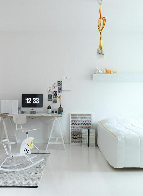 Bedroom furniture white renovation affordable small space Finland apartment neon accent