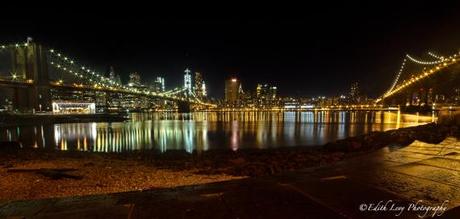 Brooklyn Bridge, Manhattan Bridge, DUMBO, Brooklyn, nightscape, reflection, bridge lights, travel photography, Hudson River