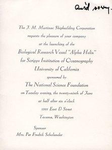 Invitation to the dedication of the R/V Alpha Helix, June 1966.