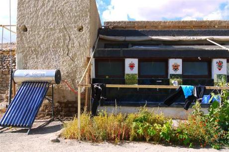 Water is collected from an underground stream that feeds the Indus river and solar heated. Again you have see the black paint around the wash basins will be effective in the winter once the plastic 'greenhouse' sheets are pulled down. Grey water is channeled into the veg gardens. 