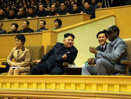 Kim Jong Un (C) watches a basketball game between US and DPRK players at Pyongyang Indoor Stadium on 8 January 2013.  Also in attendance is Kim Jong Un's wife Ri Sol Ju (L) (Photo: Rodong Sinmun).