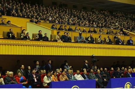 Members of the central leadership attending a basketball game with Kim Jong Un and Dennis Rodman in Pyongyang on 8 January 2013: DPRK Vice Premier Kang Sok Ju (1); wife of VMar Choe Ryong Hae (2); Director of the KPA General Political Department VMar Choe Ryong Hae (3); Minister of Physical Culture and Sports Ri Jong Mu (4); wife of Pak Pong Ju (5); DPRK Premier Pak Pong Ju (Photo: Rodong Sinmun).