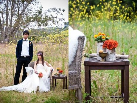 Vintage wedding in flower field