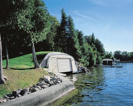 Modern boathouse with giant steel arches