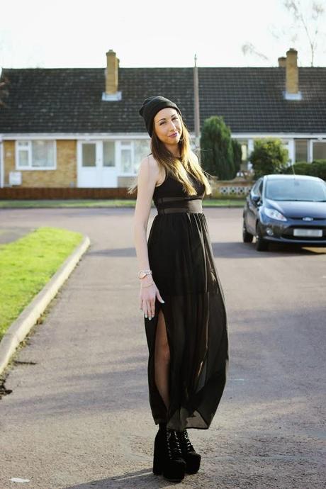 how to style a black chiffon maxi dress