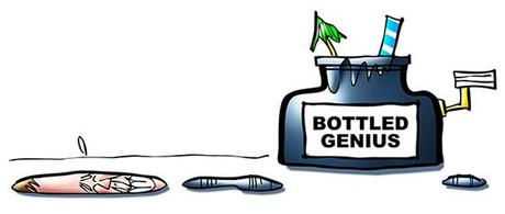 drawing of Bottled Genius ink bottle with straw and drink umbrella and ink puddles and Mark Armstrong caricature puddle for new Fine Art America store header