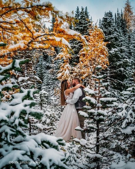 winter engagement photos couple in a snowy forest