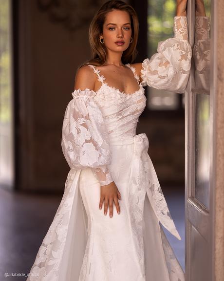 top wedding dresses with long sleeves with overskirt aria