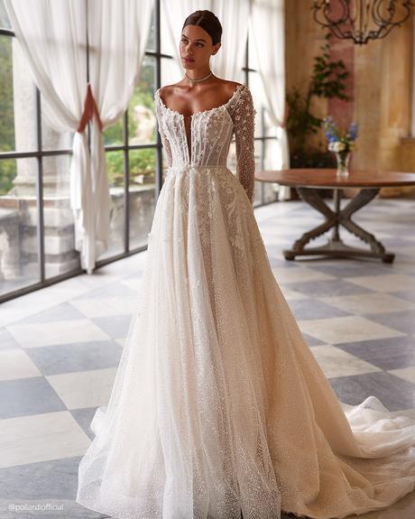 top wedding dresses a line with long sleeves lace sweetheart neckline pollardi