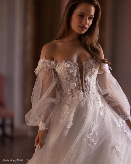 top wedding dresses with long sleeves off the shoulder floral aria