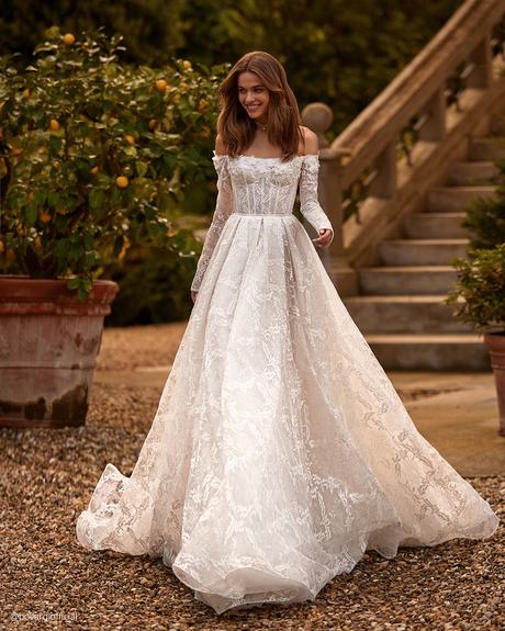 top wedding dresses a line with long sleeves off the shoulder pollardi