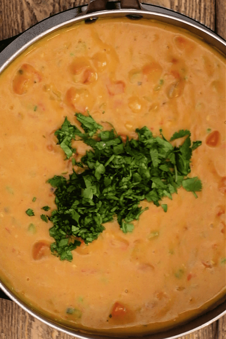 vegan chile cheese queso with cilantro on top