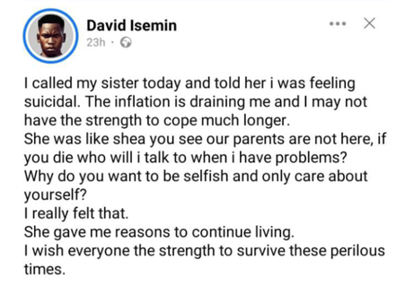 Inflation: Dollar Against Naira, I Feel Like Giving Up I called My Sister Today And Tell Her I Was Feeling Suicidal, See What She Told Me