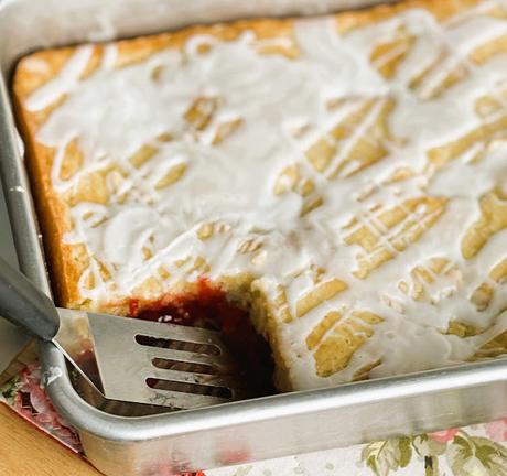 Glazed Strawberry Rhubarb Breakfast Cake
