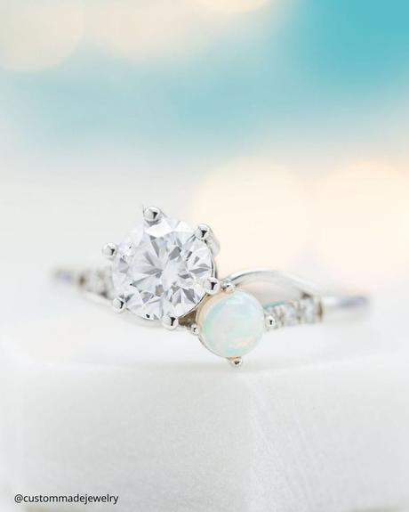 toi et moi rings opal and round cut diamond two stones ring