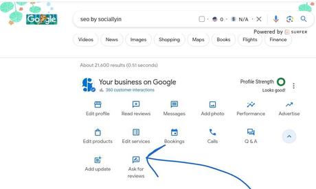 How To Get More Google Reviews A screenshot showing where to find your review link on Google search.