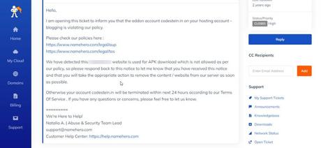 my experience with namehero support when they kicked me out of their platform