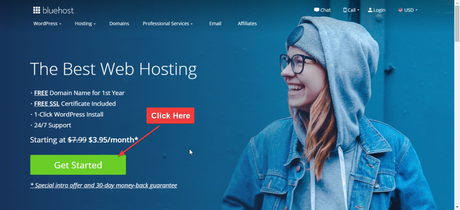 Bluehost hosting homepage showing basic hosting plan