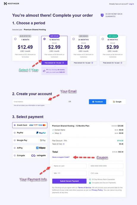 hostinger cart page showing the period of the hosting plan and their different pricing with payment method and account information