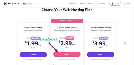 hostinger pricing page showing different offers for hosting